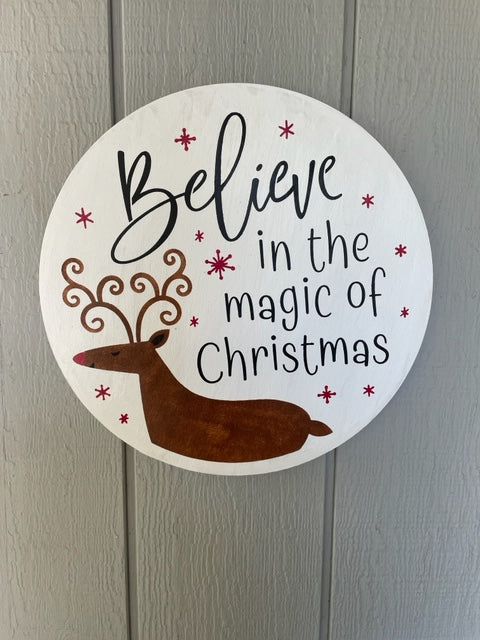 Believe in Magic Reindeer Door Wood Round Christmas Sign