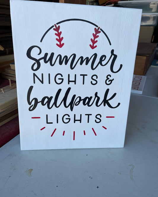 Baseball and Summer Ballpark Lights Wood Sign