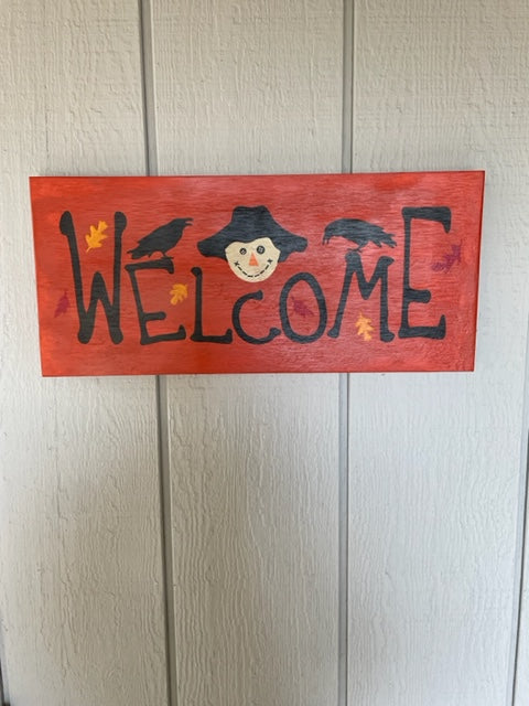 Welcome Scarecrow  Wood Sign with Crows